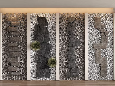 Decorative Stepping Stones Wall Design With Various Stone Arrangements And Green Plants 3d model