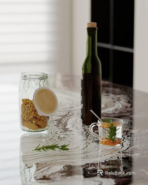 Glass Jar With Cookies And Wooden Lid Near Wine Bottle And Rosemary On Marble Countertop 3d model 