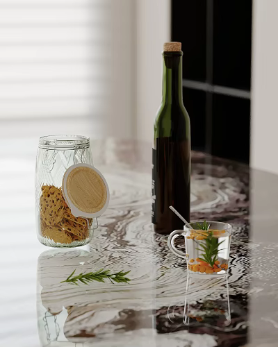 Glass Jar With Cookies And Wooden Lid Near Wine Bottle And Rosemary On Marble Countertop 3d model