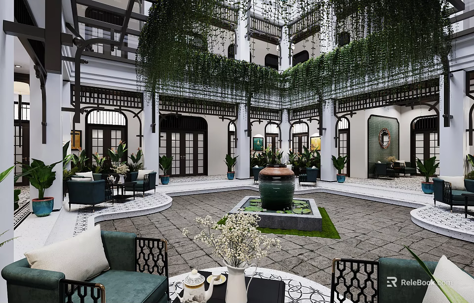 Traditional Courtyard Garden Landscape with Arched Doors Windows Hanging Vines Green Plants Large Ceramic Jar 3d model 