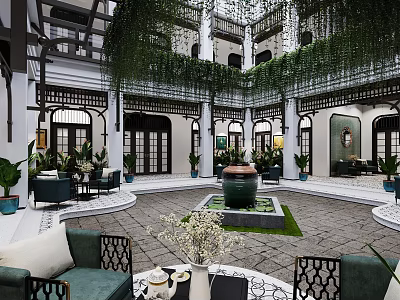 Traditional Courtyard Garden Landscape with Arched Doors Windows Hanging Vines Green Plants Large Ceramic Jar 3d model