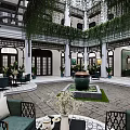 Traditional Courtyard Garden Landscape with Arched Doors Windows Hanging Vines Green Plants Large Ceramic Jar