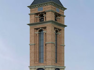 Brick Tower Multi Story Design With Black Roof Arched Windows And Decorative Elements 3d model