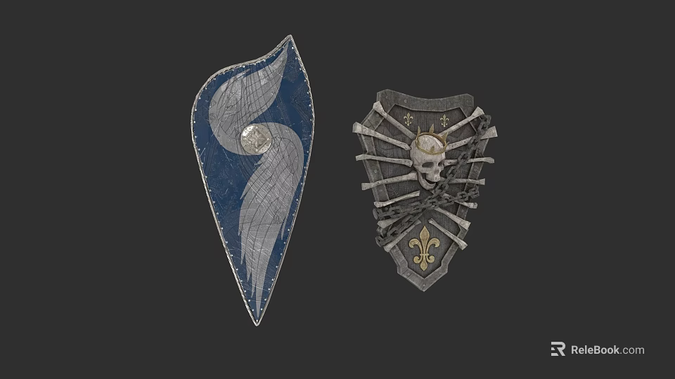 Medieval Shields Featuring Blue White Spiral Moon and Skull Crossed Bones Fleur de Lis Patterns 3d model 
