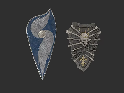 Medieval Shields Featuring Blue White Spiral Moon and Skull Crossed Bones Fleur de Lis Patterns 3d model