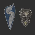 Medieval Shields Featuring Blue White Spiral Moon and Skull Crossed Bones Fleur de Lis Patterns