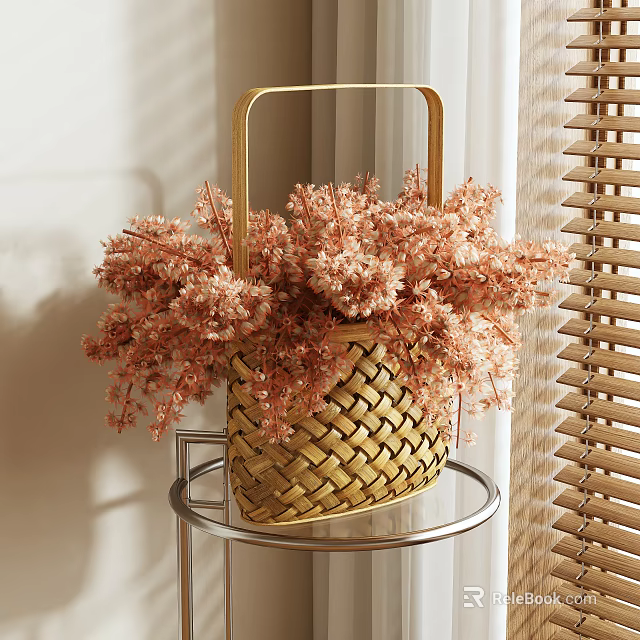 Pink Artificial Flowers in Wicker Basket on Metal Table by Window Blinds 3d model 