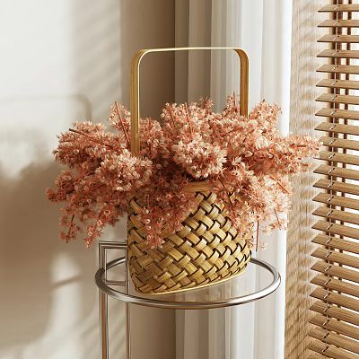 Pink Artificial Flowers in Wicker Basket on Metal Table by Window Blinds 3d model