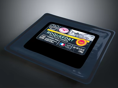 Roquefort Cheese Packaging With Label And Certification Badges On Plastic Tray 3d model