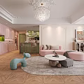 Elegant French Style Living And Dining Interior With Soft Pastel Furnishings And Crystal Chandelier