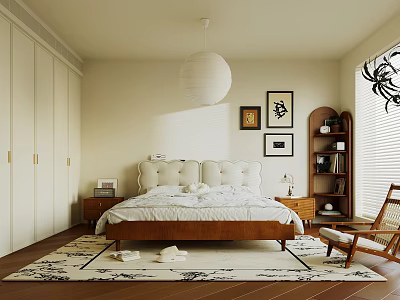 Modern Bedroom Interior With Padded Headboard Bed White Wardrobes Decorative Paintings And Spherical Pendant Light 3d model