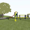 Colorful Playground Equipment With Slide Climbing Frame And Tree On Green Grass Under Blue Sky