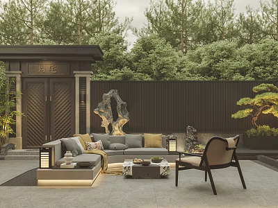 Garden Landscape Courtyard Featuring Sofa Coffee Table Chair Rock Formation Green Plants And Trees 3d model