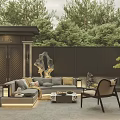 Garden Landscape Courtyard Featuring Sofa Coffee Table Chair Rock Formation Green Plants And Trees