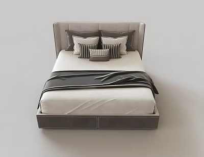 Modern Double Bed With Gray Headboard White Sheets Black Throw Blanket And Pillows 3d model