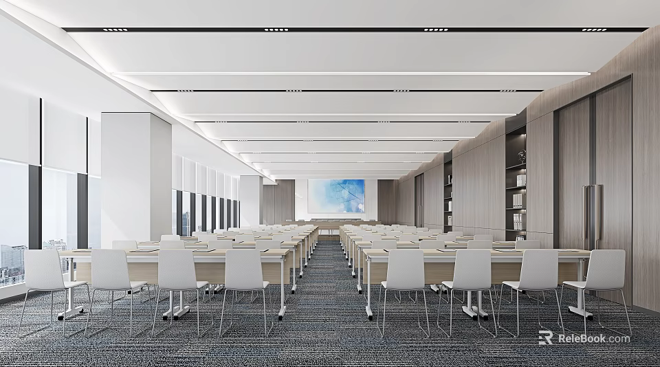 Modern Conference Room Interior With Long Tables Chairs Large Screen And Bookshelves 3d model 