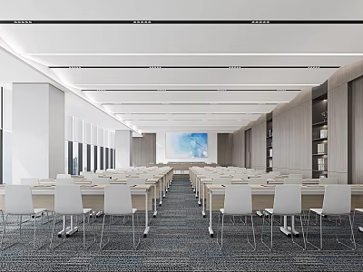 Modern Conference Room Interior With Long Tables Chairs Large Screen And Bookshelves 3d model