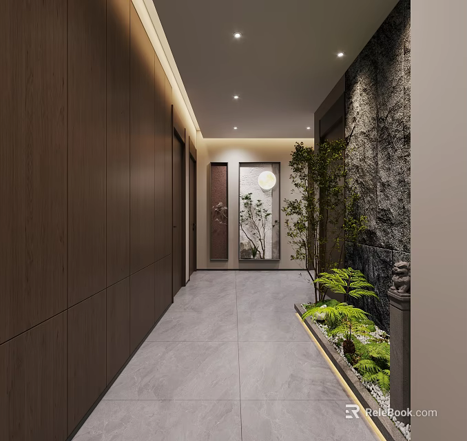 Modern Stylish Hotel Corridor With Lush Greenery Wooden Panels And Cozy Warm Interior Design 3d model 