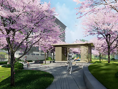 Serene Residential Landscape With Cherry Blossom Trees Walking Path And Pavilion 3d model