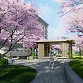 Serene Residential Landscape With Cherry Blossom Trees Walking Path And Pavilion
