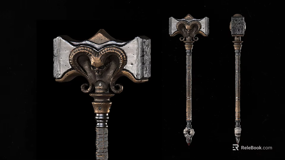 Decorative Metal Hardware Tools With Intricate Carvings And Ram Head Designs 3d model 