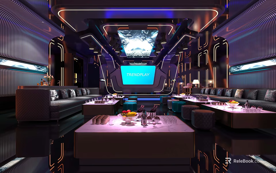 Modern KTV Interior Design With Neon Lights Large Screen And Comfortable Sofas 3d model 