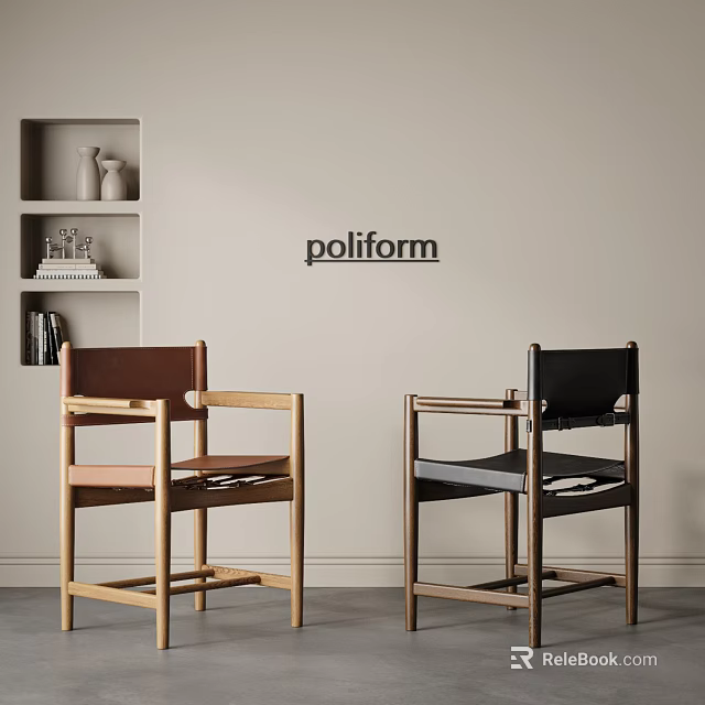 Poliform Modern Single Chair With Wooden Frame Leather Seat Brown Black Living Room Shelf 3d model 