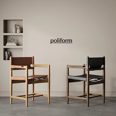 Poliform Modern Single Chair With Wooden Frame Leather Seat Brown Black Living Room Shelf 3d model