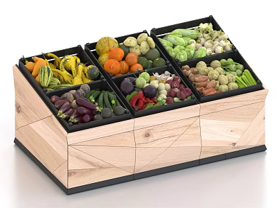 Fresh Colorful Vegetables Displayed on Wooden Shelf with Multiple Compartments and Assorted Greens Reds Purples 3d model