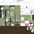 Green Kids Room Bookshelf with Star Moon Decor Books Toys and Storage Boxes