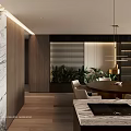 Modern Open Living Dining Area With Black Table White Chairs Marble Wall And TV