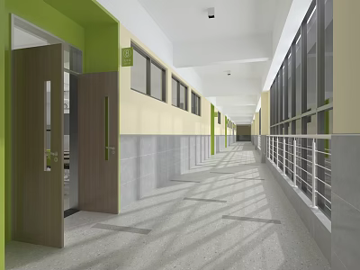 Bright Elevator Corridor With Green Yellow Walls Gray Floor And Large Windows 3d model