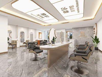 Modern Beauty Hair Salon Interior Design With Marble Floor Mirrors And Comfortable Chairs 3d model