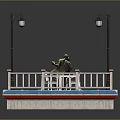 Wooden Platform Design With White Railings Street Lamps Statue And Table Chairs