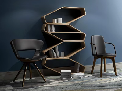 Geometric Wooden Bookcase With Black Chairs And Navy Blue Wall Background 3d model