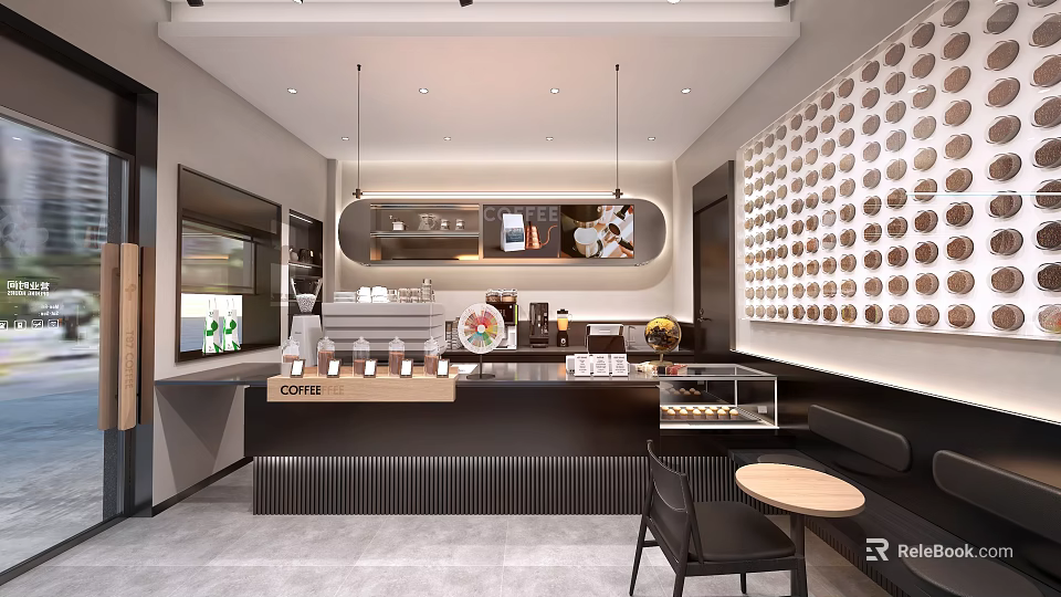 Modern Minimalist Café Interior With Black Counter Coffee Display And Circular Wall Decor 3d model 