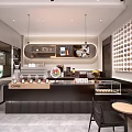 Modern Minimalist Café Interior With Black Counter Coffee Display And Circular Wall Decor