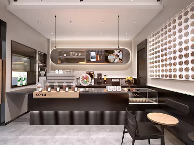 Modern Minimalist Café Interior With Black Counter Coffee Display And Circular Wall Decor 3d model