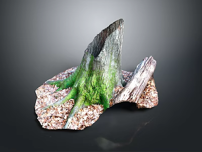 Green Moss Growing On Tree Stump With Wood Chips And Dark Background 3d model