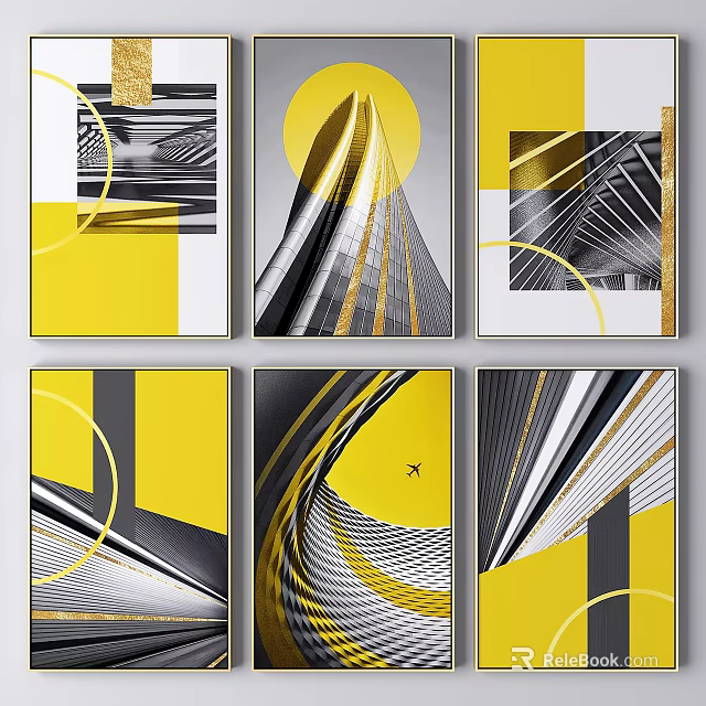 Modern Abstract Wall Art With Yellow Black White Geometric Patterns For Home Decor 3d model