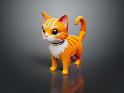 Orange Striped Cat Toy With White Belly Pink Ears Red Collar On Dark Surface 3d model