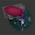 Female Character In Purple Blue Outfit With Red Tree Floating Lotus Petals And Water Area