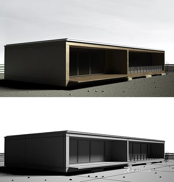 Modern Minimalist Building Design With Dark Exterior Large Glass Windows And Wooden Terrace 3d model 