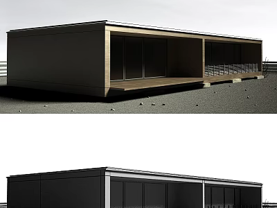 Modern Minimalist Building Design With Dark Exterior Large Glass Windows And Wooden Terrace 3d model