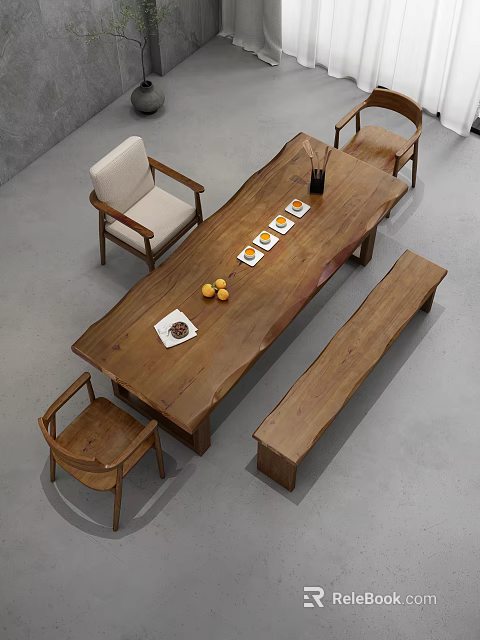 Natural Wooden Coffee Table With Matching Chairs Bench And Fruit Plates On Top 3d model 