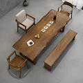 Natural Wooden Coffee Table With Matching Chairs Bench And Fruit Plates On Top