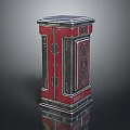 Red Storage Cabinet With Double Doors Black Trim And Decorative Details