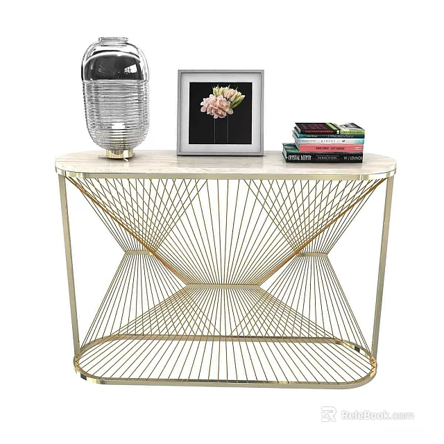 Modern Elegant Console Table With Marble Top Gold Metal Frame And Decorative Items 3d model 