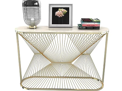 Modern Elegant Console Table With Marble Top Gold Metal Frame And Decorative Items 3d model