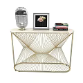 Modern Elegant Console Table With Marble Top Gold Metal Frame And Decorative Items
